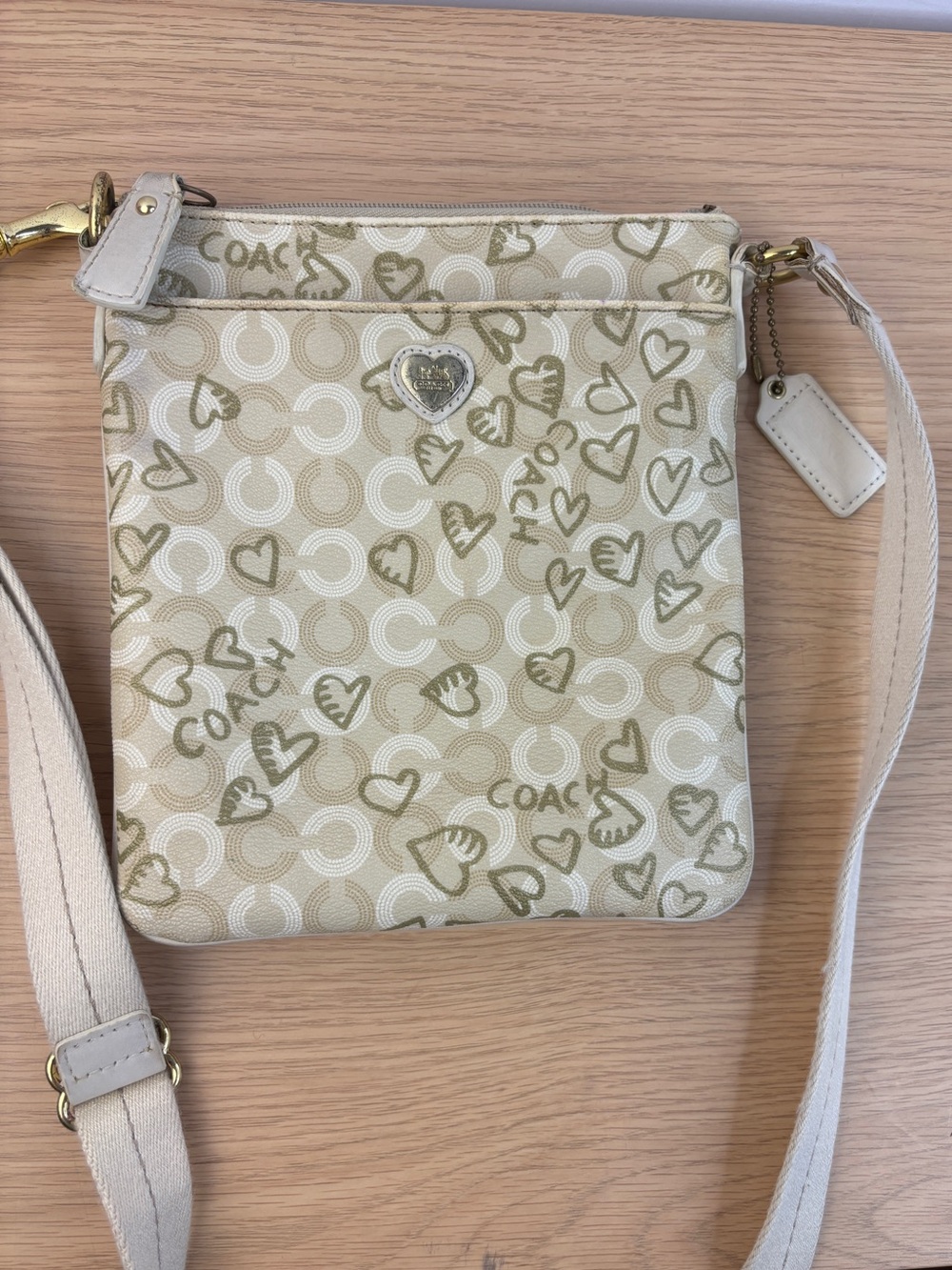Coach Waverly Hearts Gold & Khaki PVC Crossbody Swingpack‎